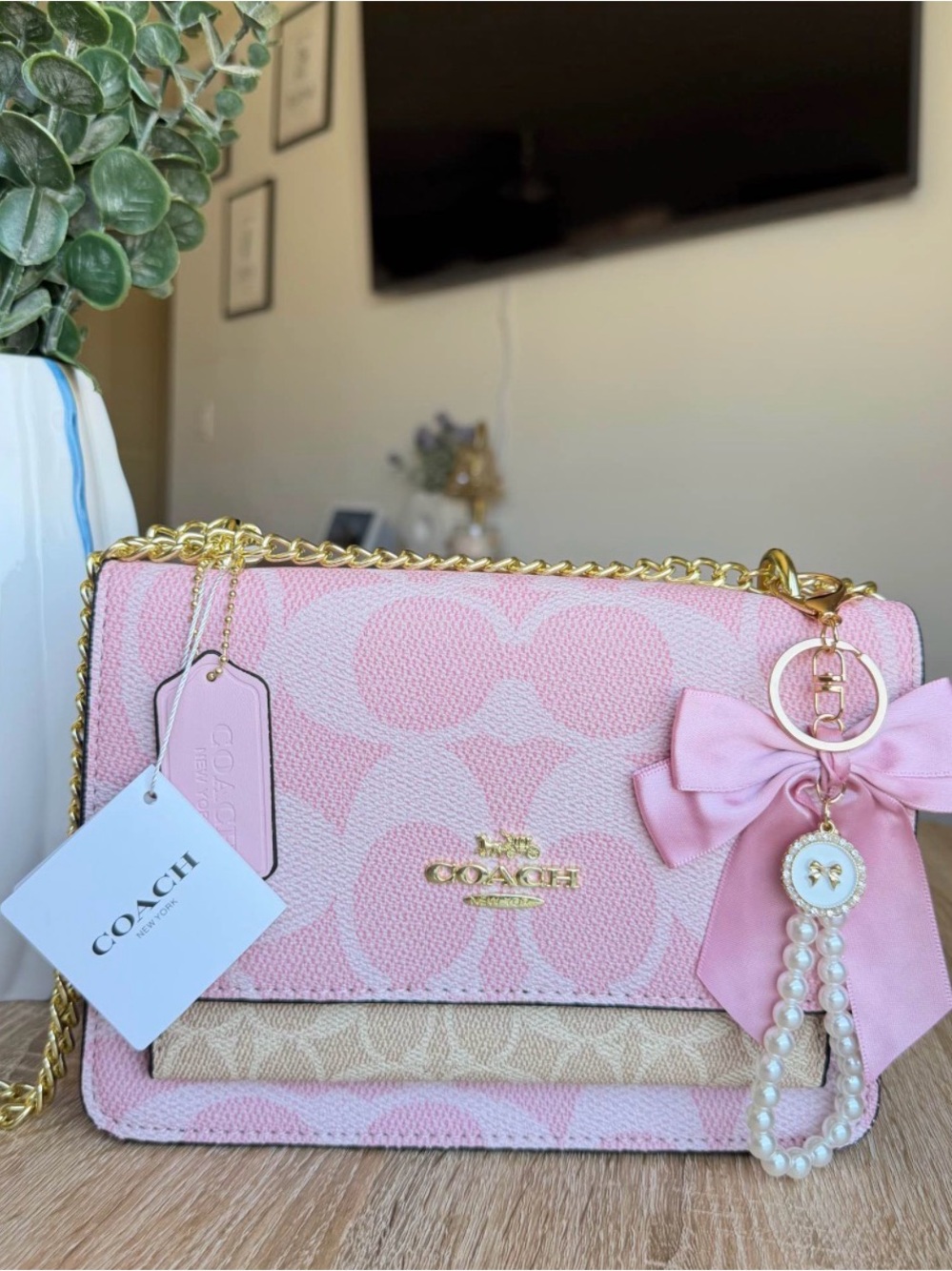 Coach Pink Signature Jacquard Crossbody with Gold Chain and Bow Charm